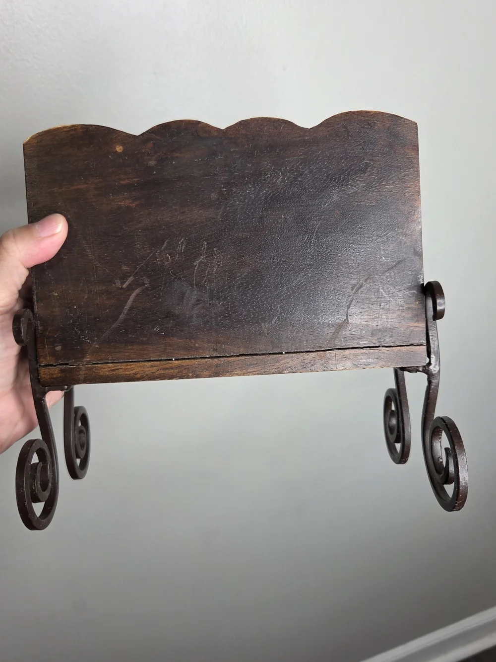 Vintage Wooden Desk Top Or Napkin Holder Scrolled Iron Legs